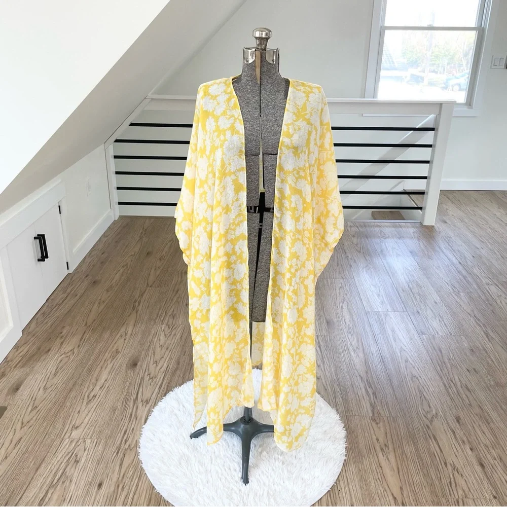 NWT LC Lauren Conrad yellow white floral bohemian tropical kimono beach coverup - Picture 1 of 11